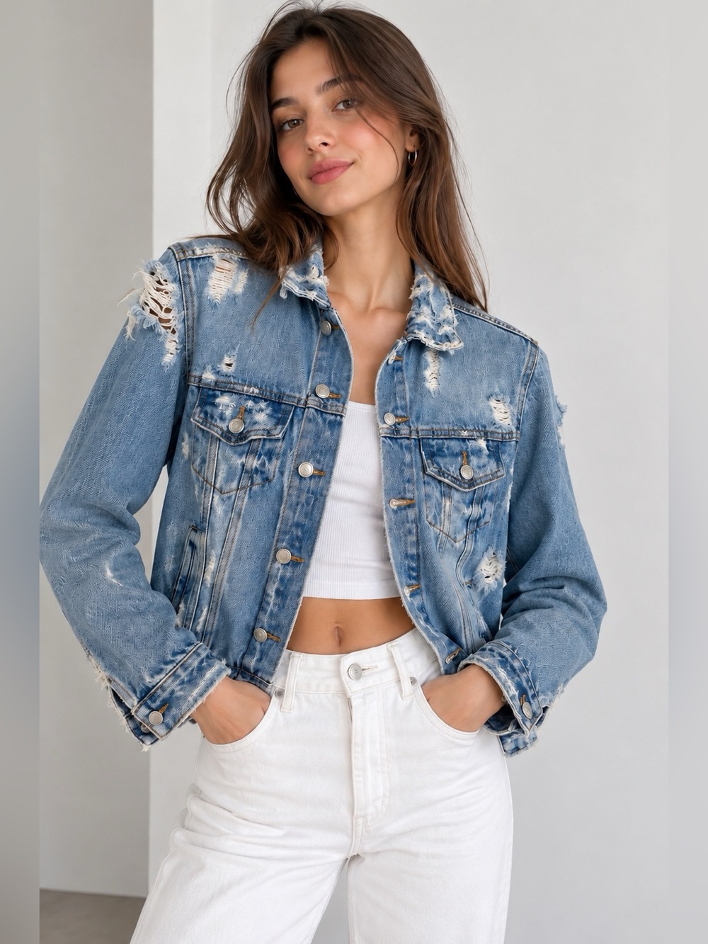 ZARA Trafaluc Distressed Ripped Light Wash Denim Jacket Size S